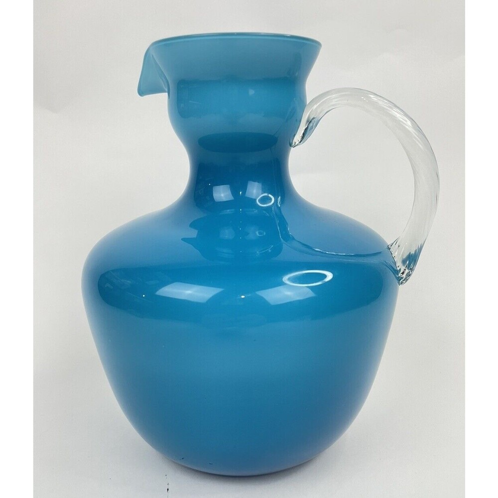 Carlo Moretti Empoli Murano Italian Blue Cased Art Glass Pitcher Handle